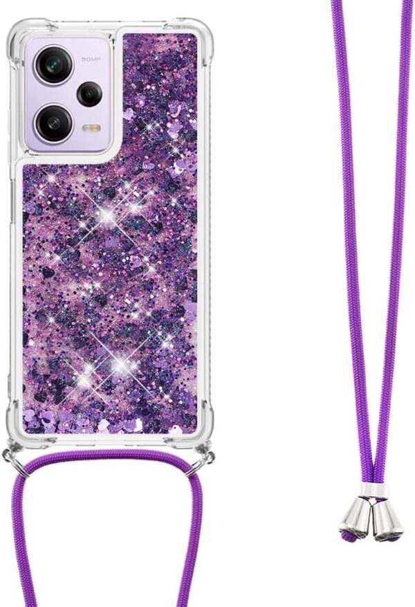 Asuwish Phone Case for Xiaomi Poco X5 ProRedmi Note 12 Pro 5G with Screen Protector and Crossbody Strap Bling Liquid Glitter Clear Slim Protective Cell Cover X5Pro 12Pro Speed Women Girls Purple