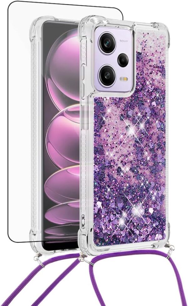 Asuwish Phone Case for Xiaomi Poco X5 ProRedmi Note 12 Pro 5G with Screen Protector and Crossbody Strap Bling Liquid Glitter Clear Slim Protective Cell Cover X5Pro 12Pro Speed Women Girls Purple - Image 9