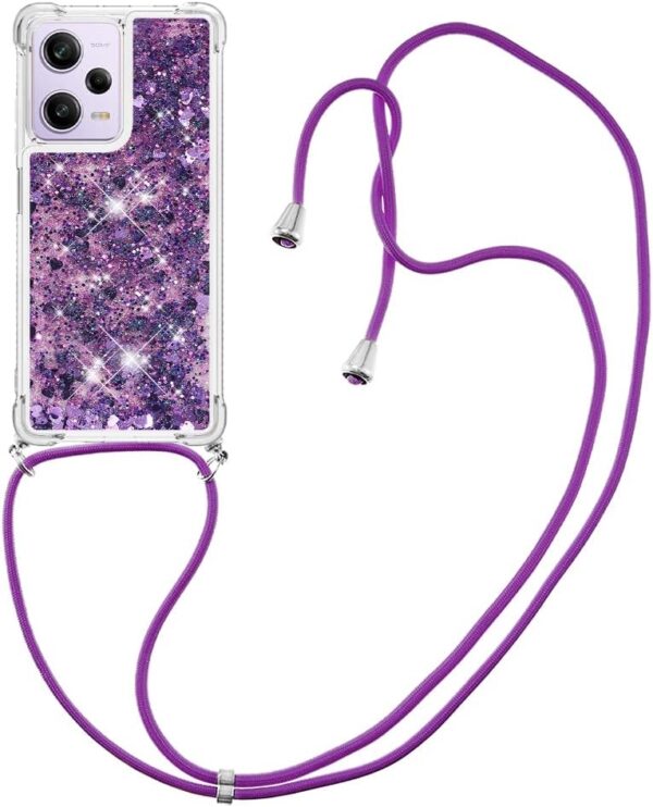 Asuwish Phone Case for Xiaomi Poco X5 ProRedmi Note 12 Pro 5G with Screen Protector and Crossbody Strap Bling Liquid Glitter Clear Slim Protective Cell Cover X5Pro 12Pro Speed Women Girls Purple - Image 8