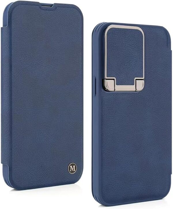 fonefunshop Leather Flip Case with Stand and Camera Protection for iPhone 15 Pro Max in Blue - Image 2