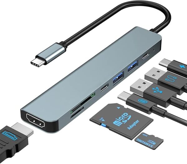 USB C hub,7-in-1 USB C Multi-Port Adapter with 4K HDMI,100W PD,USB-C and 2 USB-A Data Ports 5Gbps, SD&TF Card Slots,Aluminum USB Type C Hub,for MacBook Pro Air,Surface Pro,iPad Pro,XPS, HP,Lenovo etc