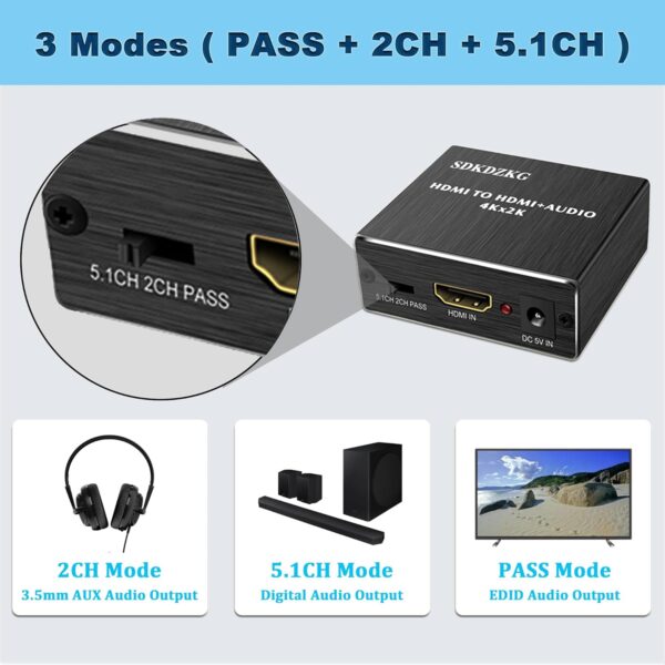 HDMI Audio Extractor Splitter,HDMI to HDMI Audio and Optical TOSLINK SPDIF Audio Converter Adapter with 3.5mm Stereo Audio Splitter Adapter,Black - Image 3